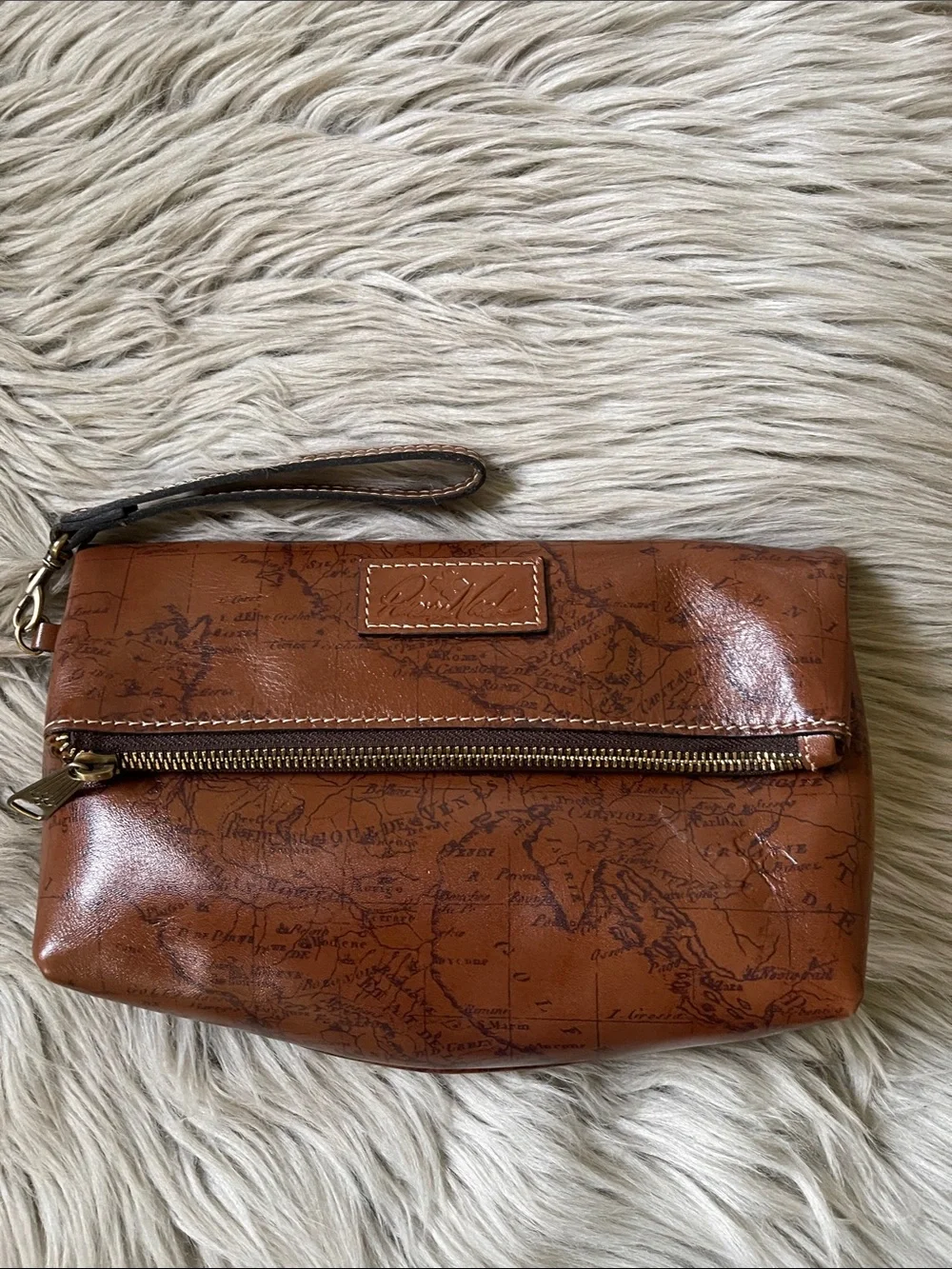Patricia Nash Cognac Map-Print Leather Wristlet